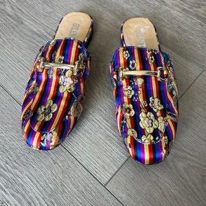 Free People Red and Blue Mules with Gold Embellishments